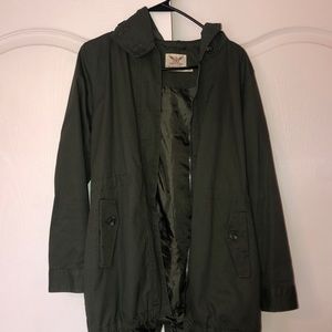 Olive Green jacket with a hood- runs big
